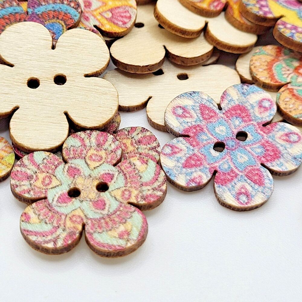 NWOT 100 Pieces Boho Mized Painted Floral Wooden Buttons 0.75in 2 hole